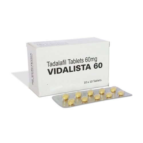 Vidalista Tadalafil 60mg tablets for erectile dysfunction and stronger erections in men.