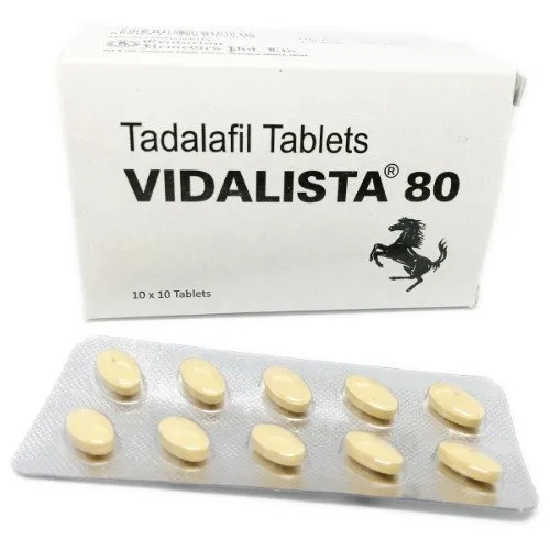 Vidalista Tadalafil 80mg tablets for erectile dysfunction treatment in men.